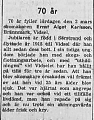 Karlsson Ernst Algot Brännmark Vidsel 70 år 1 mars 1957 NK