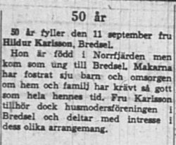 Karlsson Hildur Bredsel 50 år 11 Sept 1965 NK