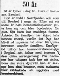Karlsson Hildur Bredsel 50 år 11 Sept 1965 PT