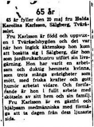 Karlsson Hulda Karolina Sälgberg Tväråselet 65 år 20 Maj 1958 NK