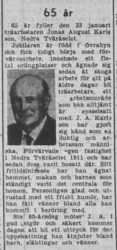 Karlsson Jonas August Nedre Tväråselet 65 år 17 Jan 1953 PT