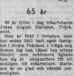 Karlsson Jonas August Tväråsel 65 år 22 Jan 1953 PT
