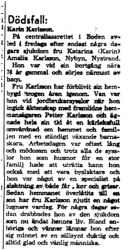 Karlsson Katarina Amalia Nybyn död 6 sept 1961 NK