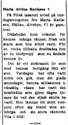Karlsson Maria Alvina Hällan död 20  Aug 1949 PT