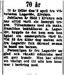 Lagerlöv Vilhelmina Älvsbyn 70 år 9 April 1953 NK