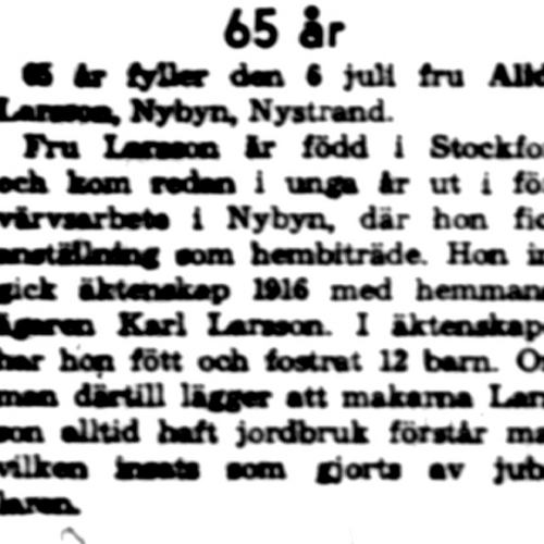 Larsson Alida Nybyn 65 år 5 Juli 1960 NK