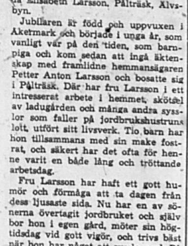 Larsson Hilda Elisabeth Pålträsk 75 år 18 Jan 1962 Pt