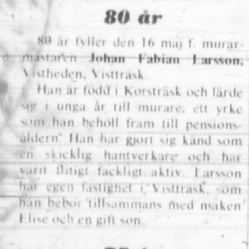 Larsson Johan Fabian Vistträsk 80 år 16 Maj 1972 NK