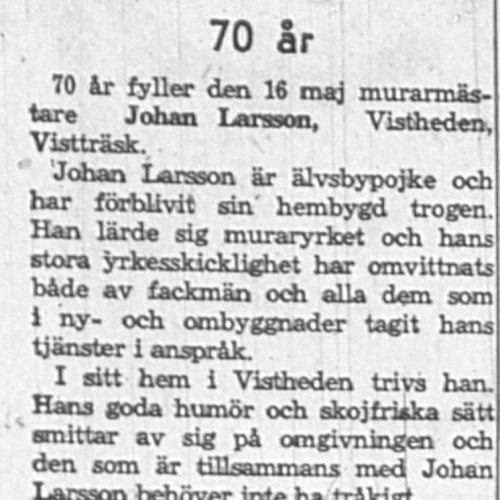 Larsson Johan Vistheden 70 år 16 Maj 1962 NK