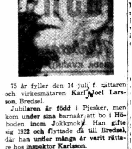 Larsson Karl Joel Bredsel 75 år 14  Juli 1958 NK