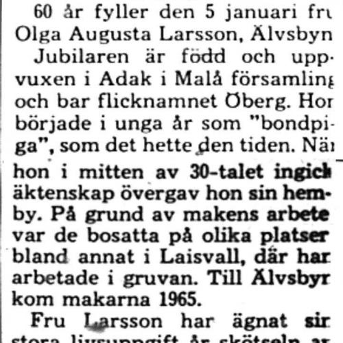 Larsson Olga Augusta Älvsbyn 60 år 4 Jan 1975 PT