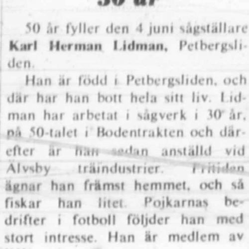 Lidman Karl Herman Petbergsliden 50 år 3 Juni 1972 NK
