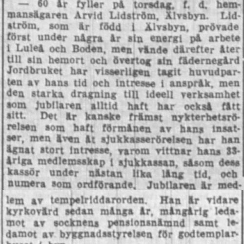 Lidström Arvid Älvsbyn 60 år 20 Sept 1938 NK