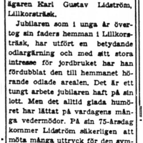 Lidström Karl Gustav Lillkorsträsk 75 år 18  Aug 1949 PT