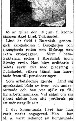 Lind Axel Tväråsel 65 år 18  Juni 1959 Nk