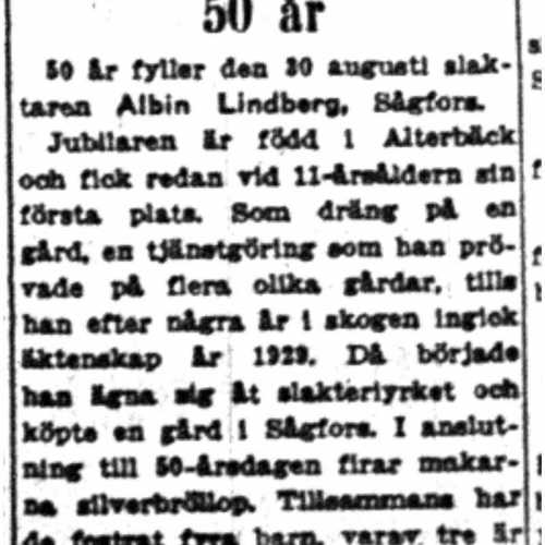 Lindberg Albin Sågfors 50 år 30 Aug 1954 NK