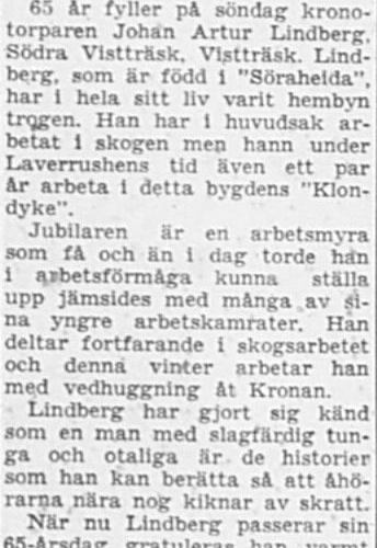 Lindberg Johan Artur Södra Vistträsk 65 år 19 Jan 1957 PT