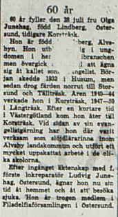 Lindberg Olga fd Korsträsk 60 år 28 Juli 1966 NK