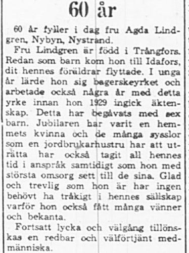 Lindgren Agda Nybyn Nystrand 60 år 16 feb 1965 PT