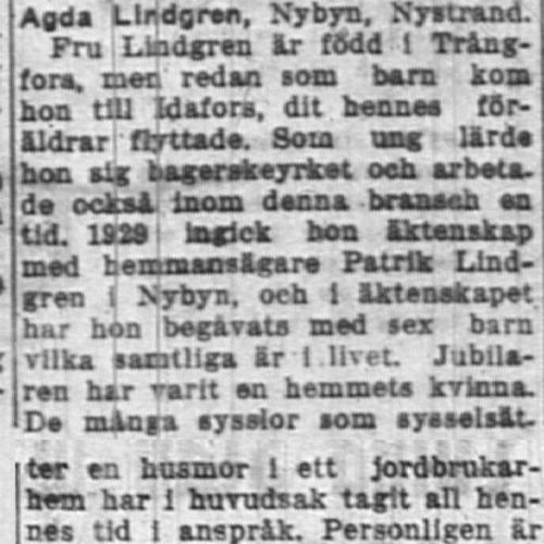 Lindgren Agda Nystrand 50 år 16 Feb 1955 NK