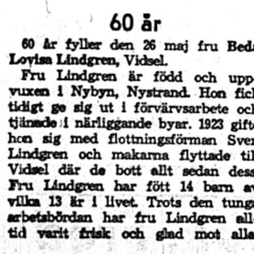 Lindgren Beda Lovisa Vidsel 60 år 26  Maj 1959 NK