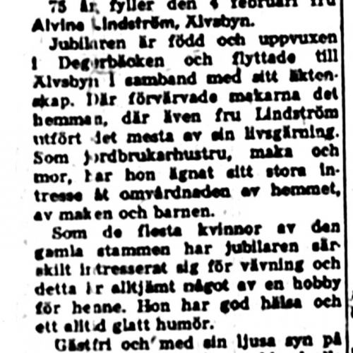Lindström Alvina 75 år 4 feb 1957 nk