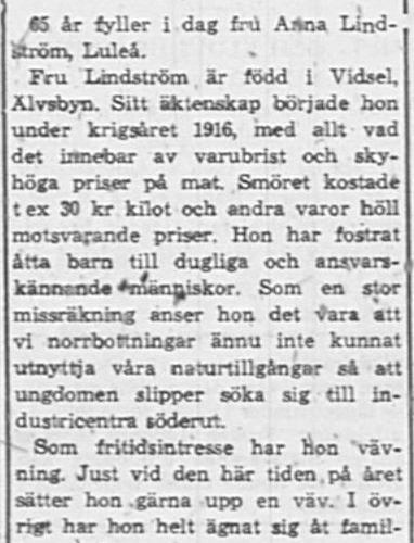Lindström Anna fd Vidsel 65 år 9 Jan PT