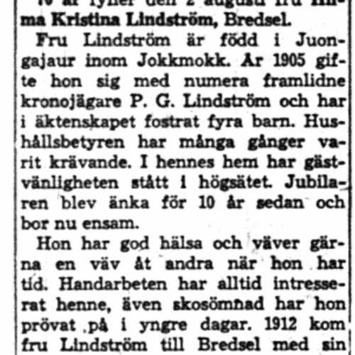 Lindström Hilma Kristina Bredsel 70 år 2 Aug 1958 NK