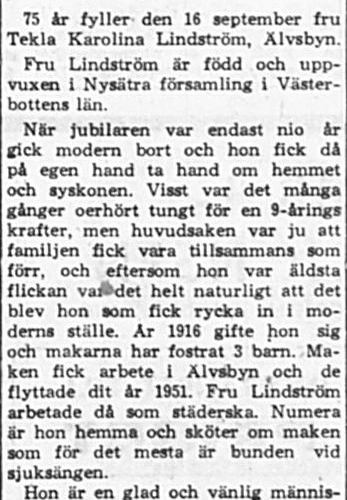 Lindström Tekla Karolina Älvsbyn 75 år 15 Sept 1965 PT