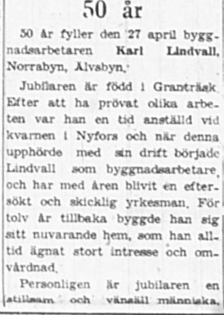 Lindvall Karl Norrabyn 50 år 26 April 1949 NK