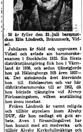 Lindroth Elin Brännmark 50 år 30  Juli 1958 NK