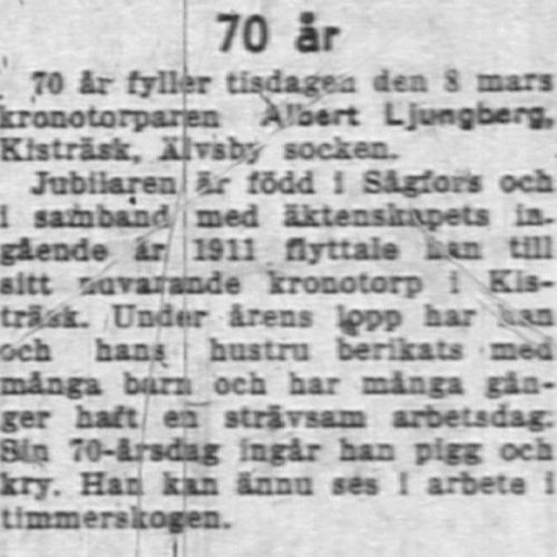 Ljungberg Albert Kisträsk 70 år 8 Mars 1955 NK