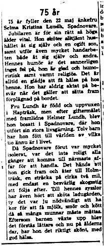 Lund Selma Kristina Spadnovare 75 år 21 Maj 1958 NK