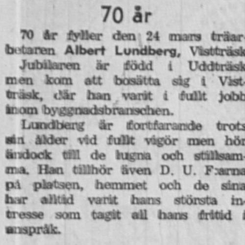 Lundberg Albert Vistträsk 70 år 22 Mars 1958 NK