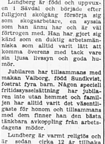 Lundberg Alvar Sävdal Vidsel 50 år 20 Mars 1965 PT