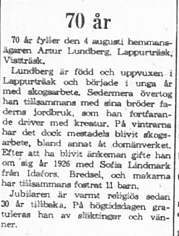 Lundberg Arthur Lappurträsk 70 år 3 Augusti 1965 PT