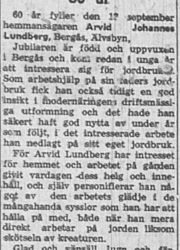 Lundberg Arvid Johannes Bergås Älvsbyn 60 år 18 Sept 1957 Nk