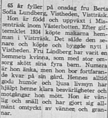 Lundberg Berta Sofia Vistheden 65 år 1 April 1964 NSD