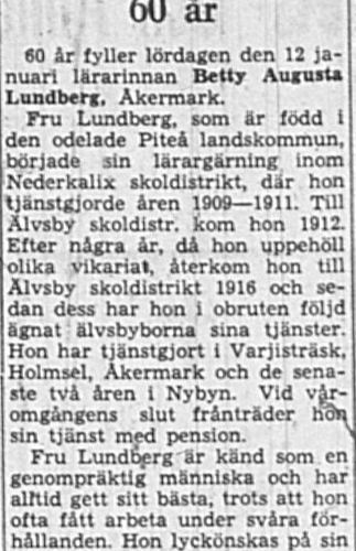 Lundberg Betty Åkermark 60 år 11 Feb 1949 NK