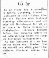Lundberg Emilia Bredsel 65 år 8 nov 1951 nk