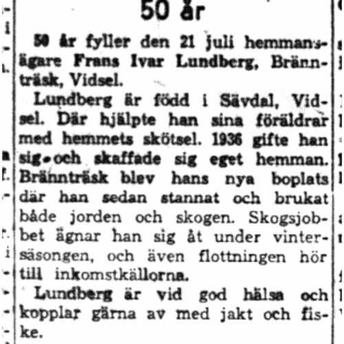 Lundberg Frans Ivar Brännträsk Vidsel 50 år 21  Juli 1958 Nk
