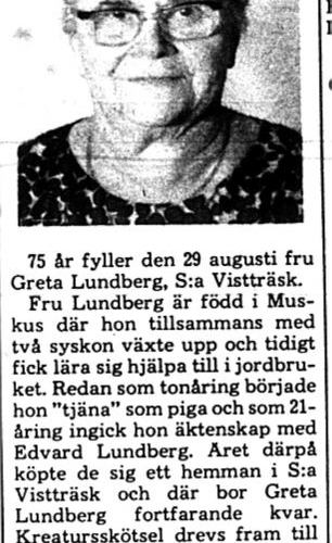 Lundberg Greta södra Vistträsk 75 år 28 Aug 1975 PT