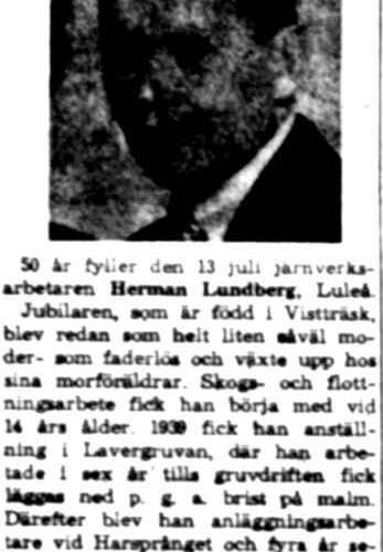 Lundberg Herman fd Vistträsk 50 år 13 Juli 1960 NK