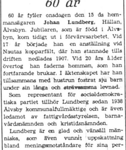 Lundberg Johan Hällan 60 år 15 Aug 1945 NK