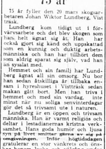 Lundberg Johan Wiktor Vistträsk 75 år 19 Mars 1964 PT