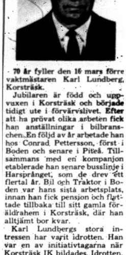 Lundberg Karl Korsträsk 70 år 15 Mars 1975 PT