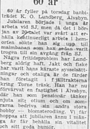 Lundberg Karl Oskar Älvsbyn 60 år 12 Dec 1956 PT