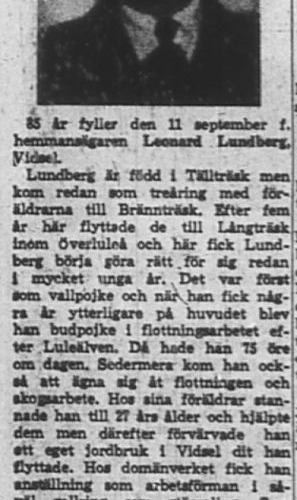 Lundberg Leonard Sävdal Vidsel 85 år 10 Sept 1965 nk