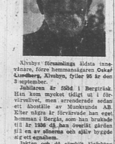 Lundberg Oskar Älvsbyn 95 år 2 Sept 1957 Nk