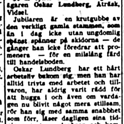Lundberg Oskar Åträsk Vidsel 80 år 7 mars 1952 NK